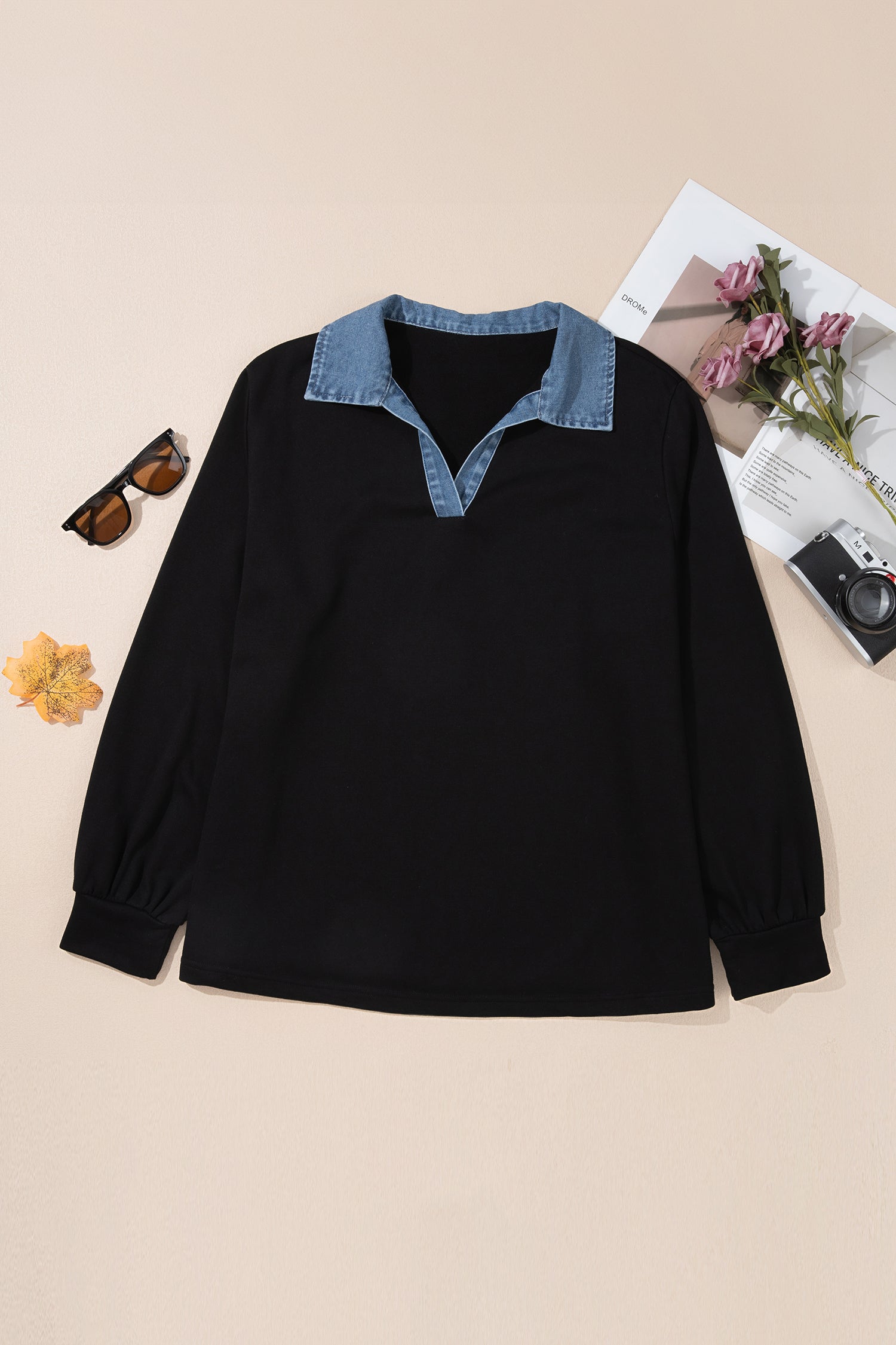 Solid V Neck Tunic Shift Long Sleeve Plus Size Blouse – Black