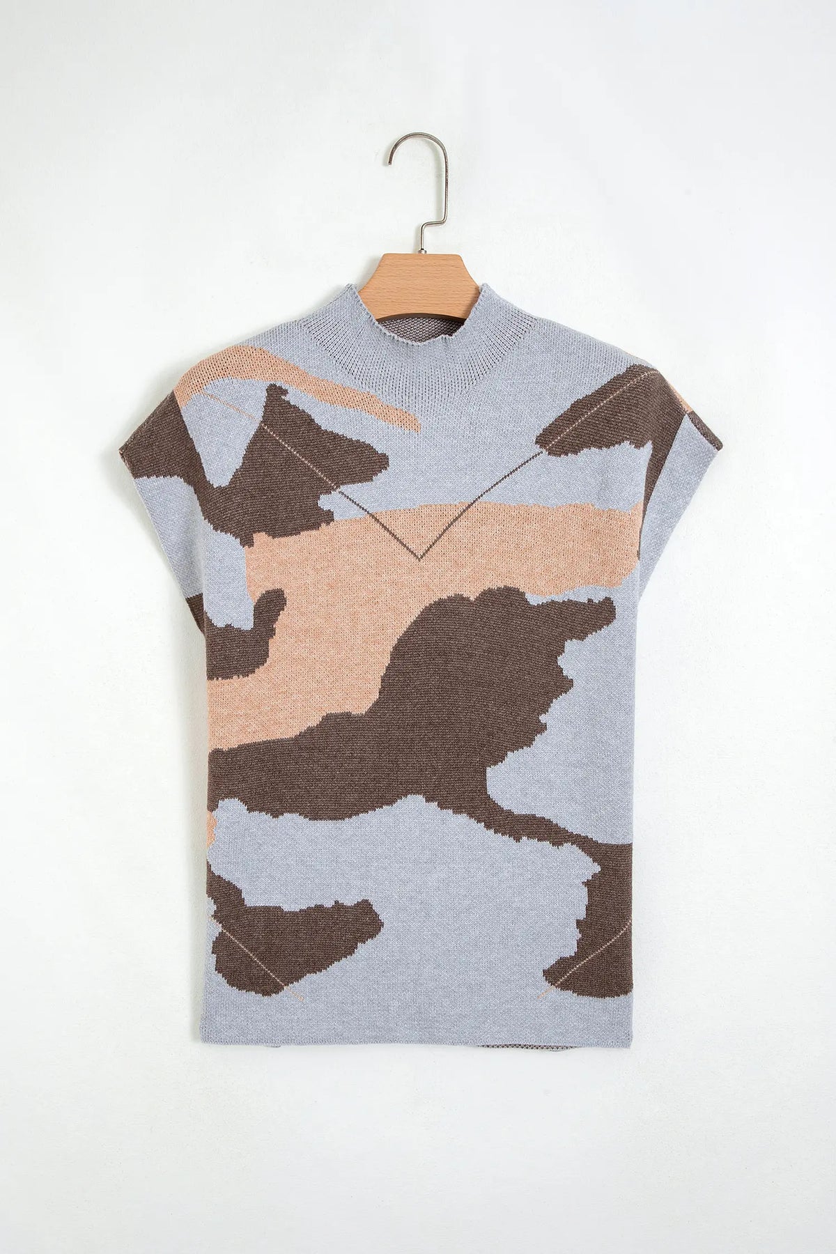 Camouflage Pattern Drop Shoulder High Neck Short Sleeve Shift Sweater – Grey
