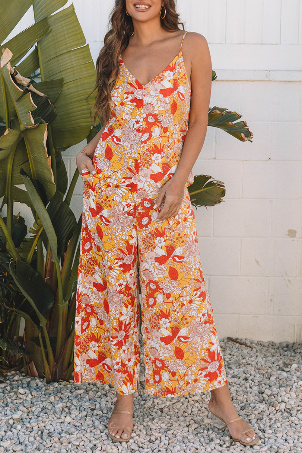 Orange Floral V Neck Wide Leg Sleeveless Jumpsuit eAura