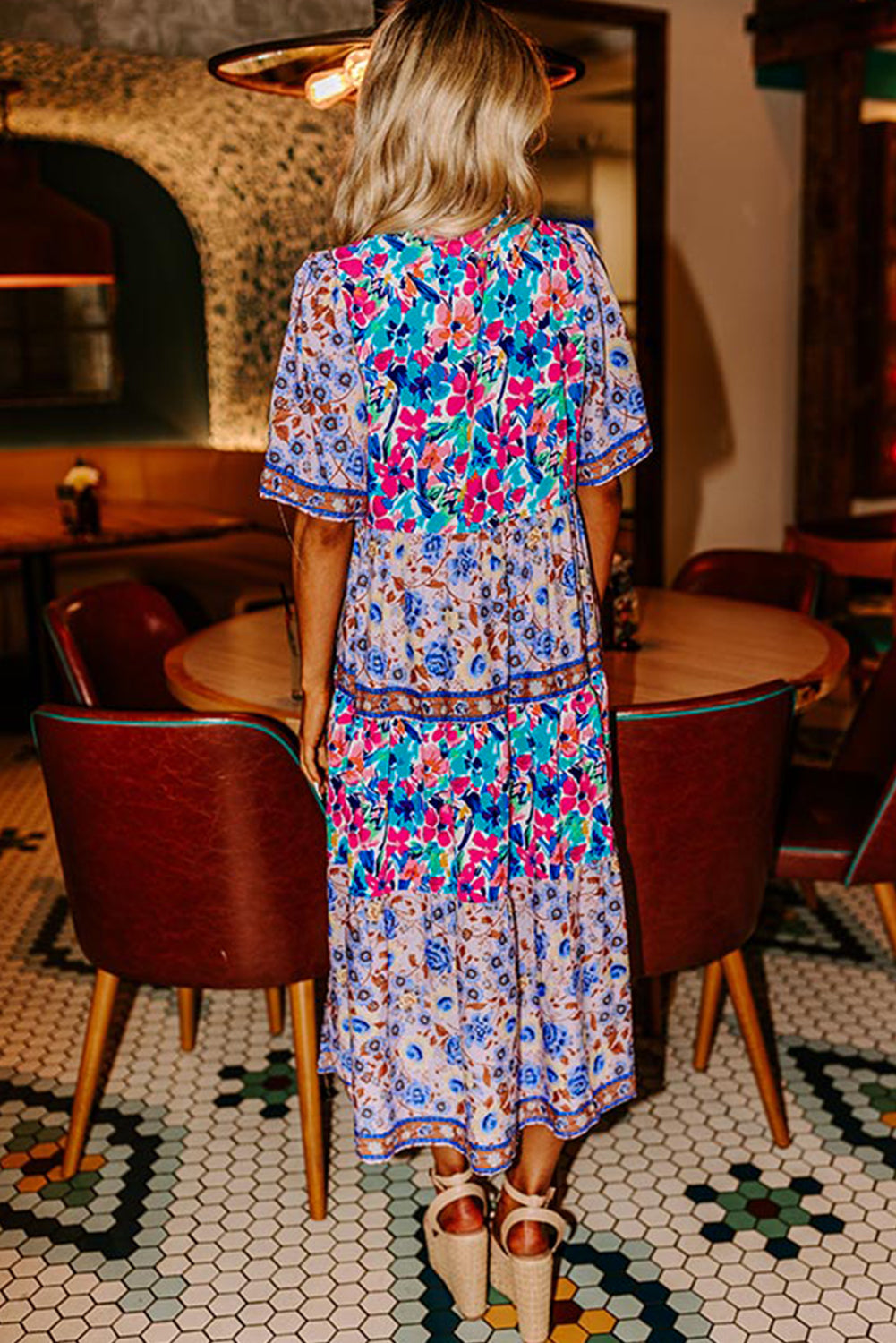 Sky Blue Mixed Floral Print Tie Split Neck Short Sleeve Dress eAura