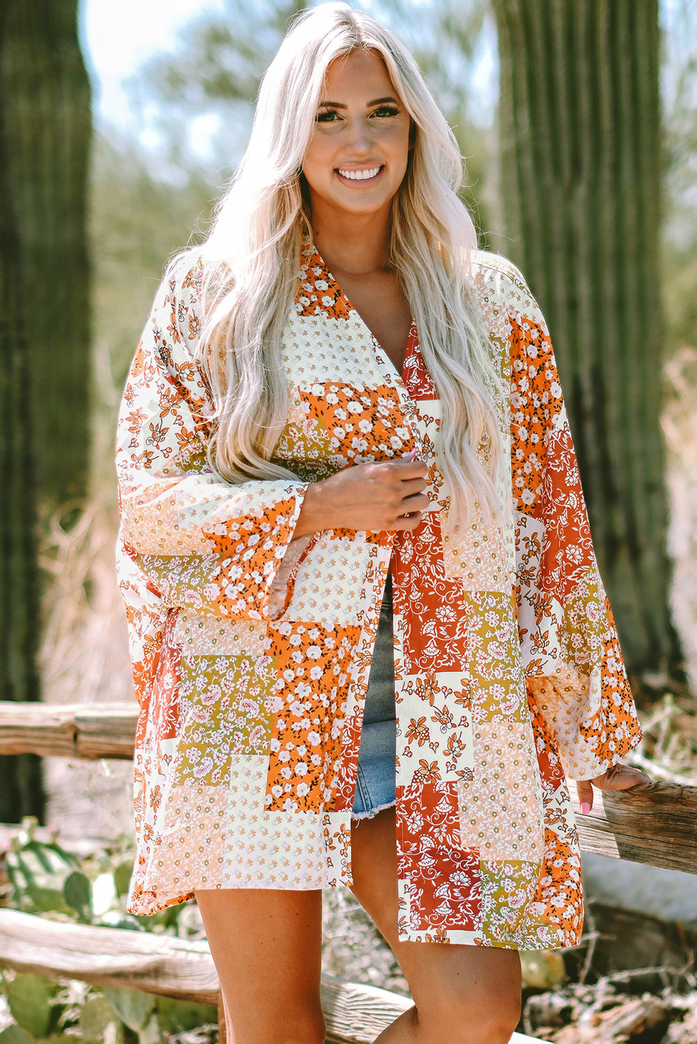 White Boho Patchwork Floral Open Front Kimono BB Fashion Outlet
