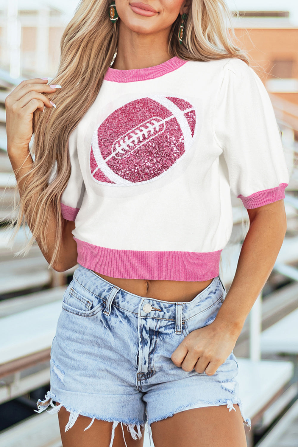Red Sequin Rugby Colour Block Puff Short Sleeve Sweater eAura