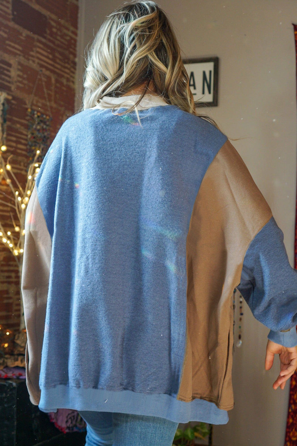 Sky Blue Ribbed Detail Colour Block Sleeve Baggy Sweatshirt eAura
