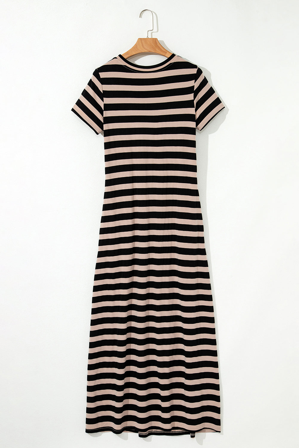 Black Stripe Casual Round Neck T-shirt Maxi Dress with Pockets BB Fashion Outlet
