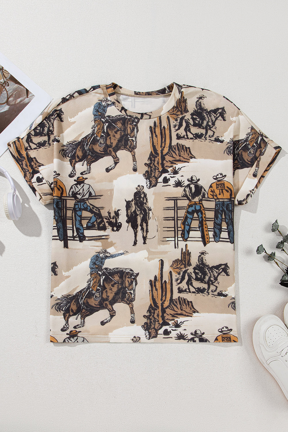 Khaki Western Cowboy Print Cuffed Sleeve Crewneck T Shirt eAura