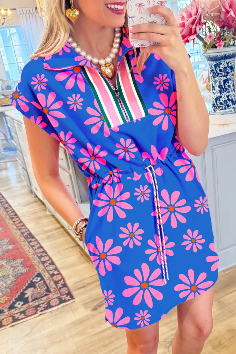 Floral Striped Quarter Zip Cap Sleeve Drawstring Waist Mini Dress
