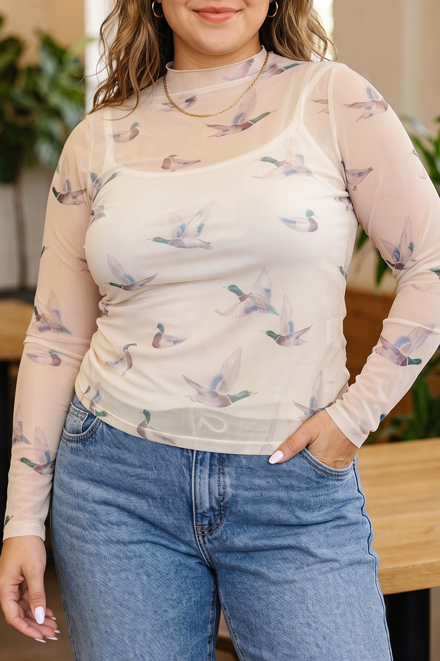 Mesh Duck Print Tunic Long Sleeve Plus Size Blouse – Beige