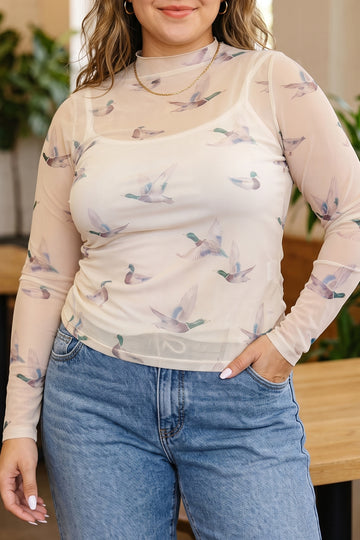 Mesh Duck Print Tunic Long Sleeve Plus Size Blouse – Beige