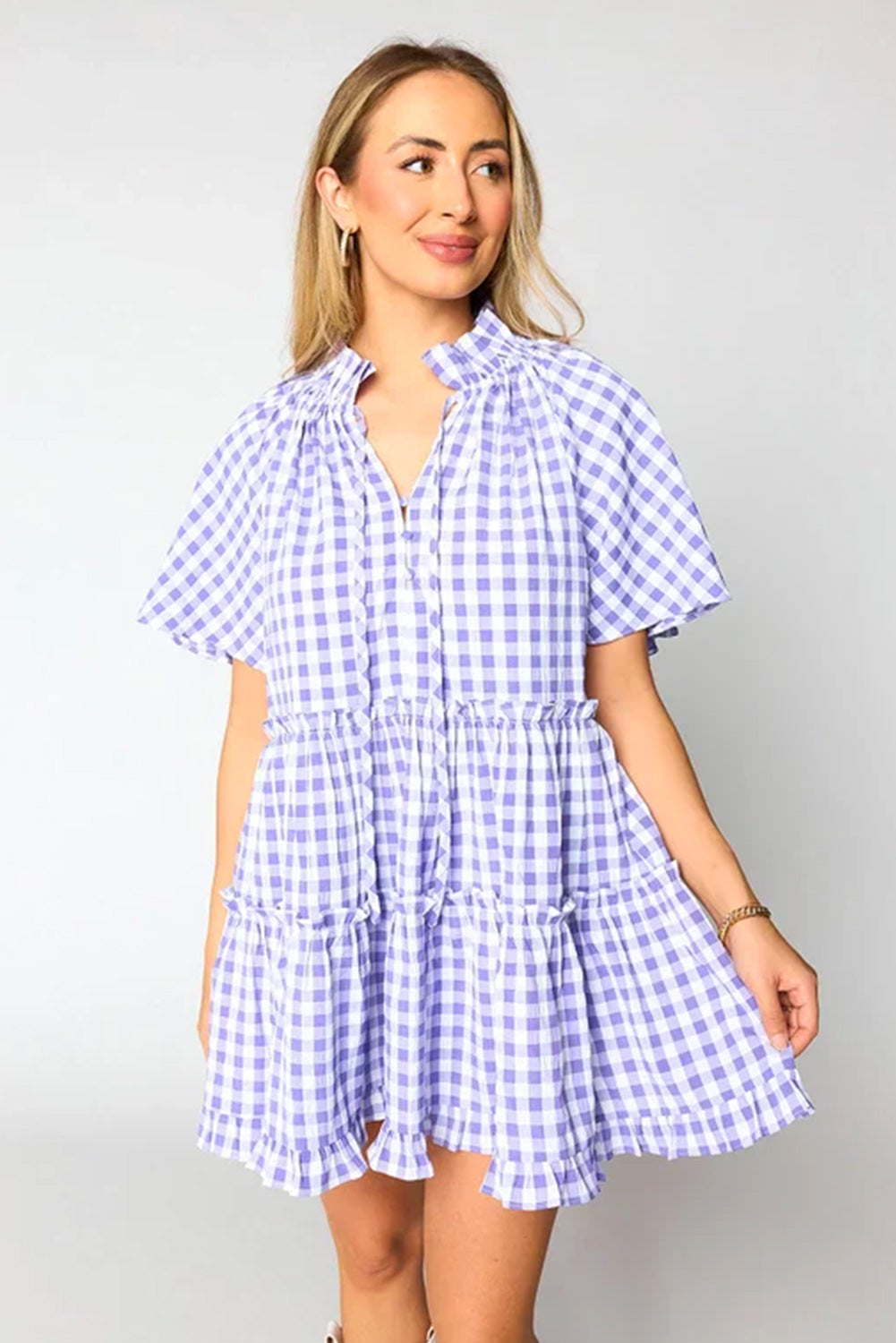 Lavendula Plaid Ruffle Wide Short Sleeve Babydoll Mini Dress eAura