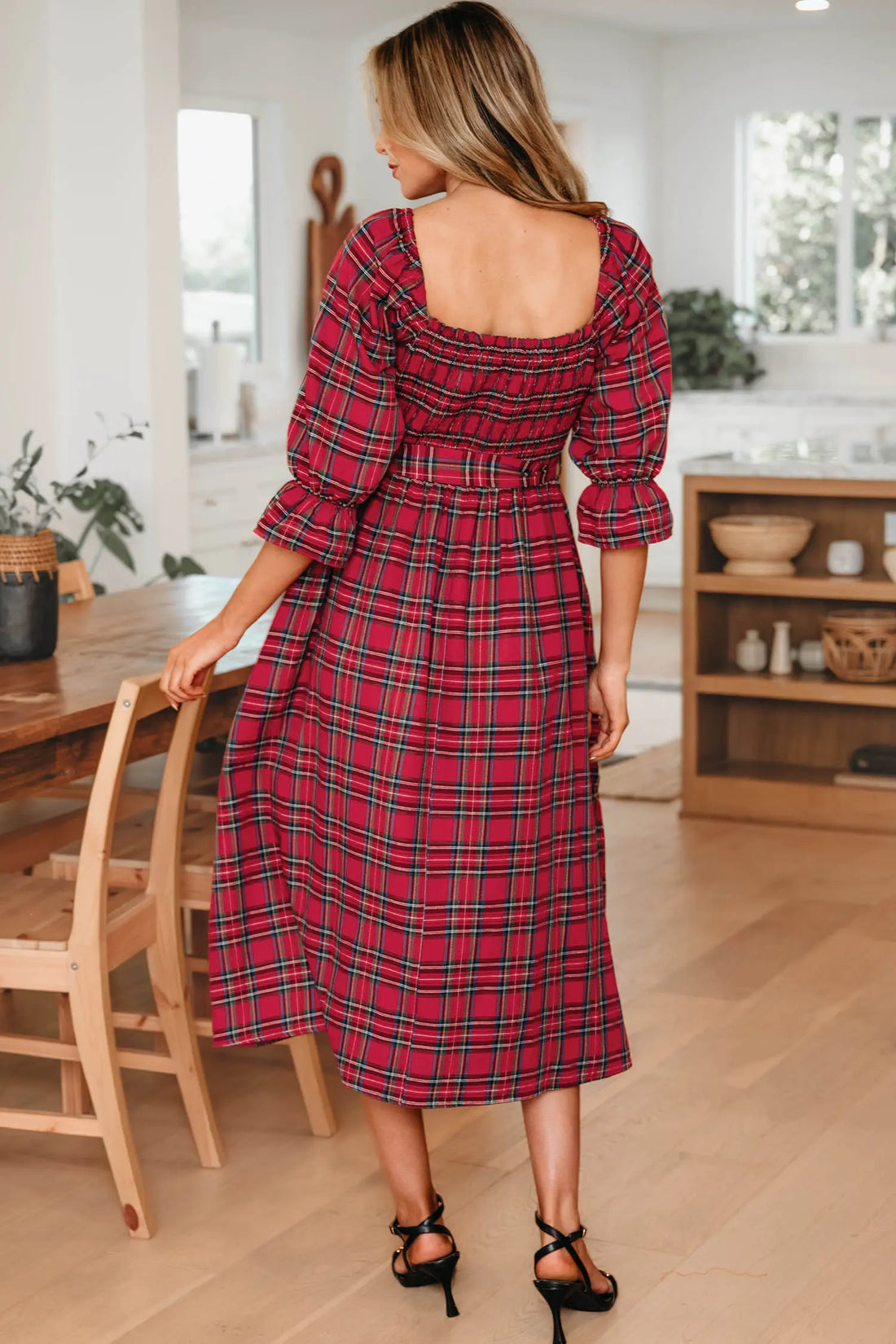 Tartan Plaid Square Neck Puff Sleeve Knot Waist Flared Midi Dress
