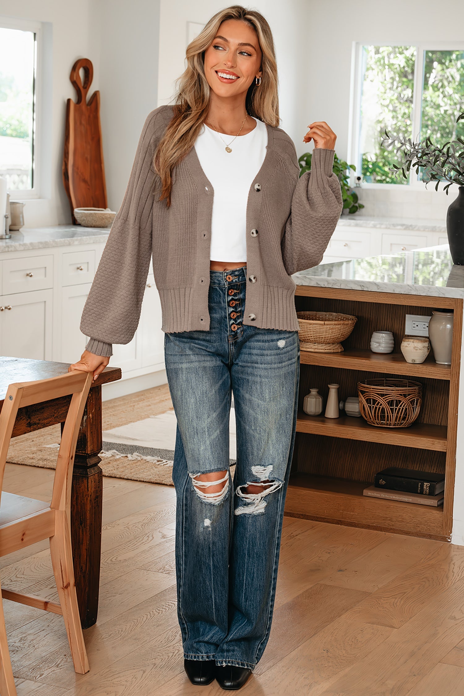 Mixed Texture Cardigan With Buttons - V-Neck - Sweaters & Cardigans/Cardigans