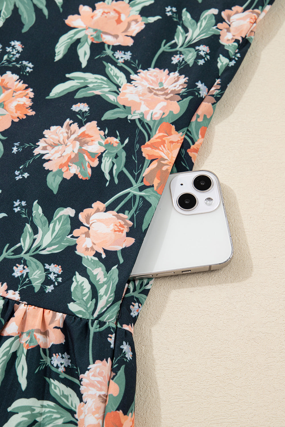 Floral Print Striped Trim V-Neck Long Sleeve Ruffle Hem Shift Mini Dress - eAura