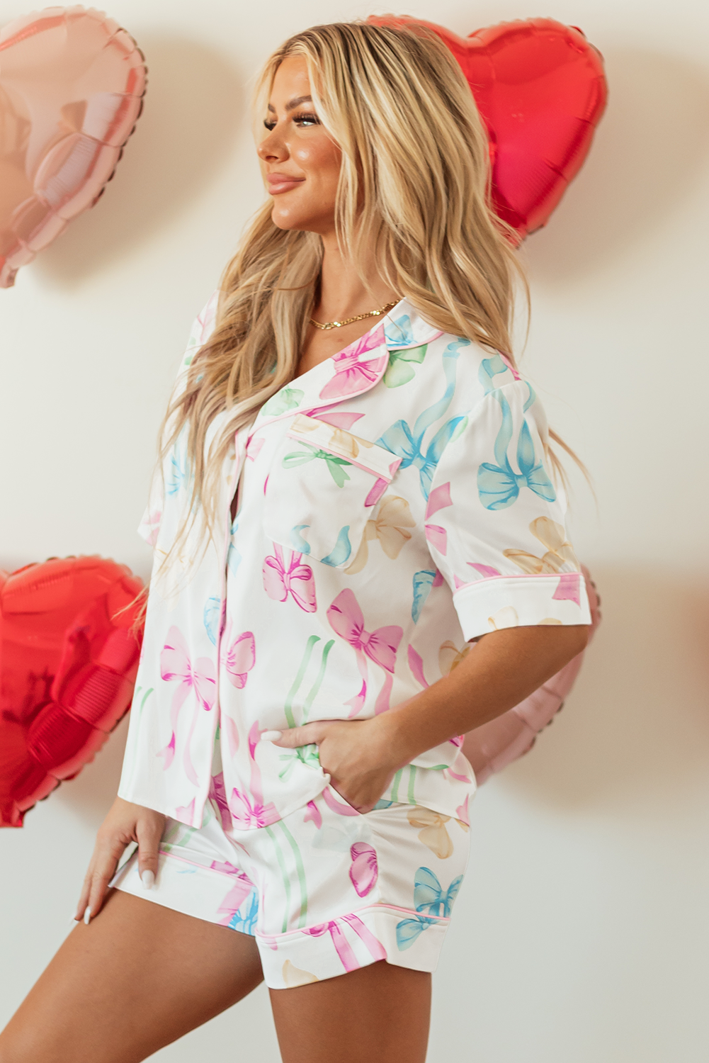 White Bowknot Print Buttoned Shirt High Waist Shorts Pyjama Set eAura