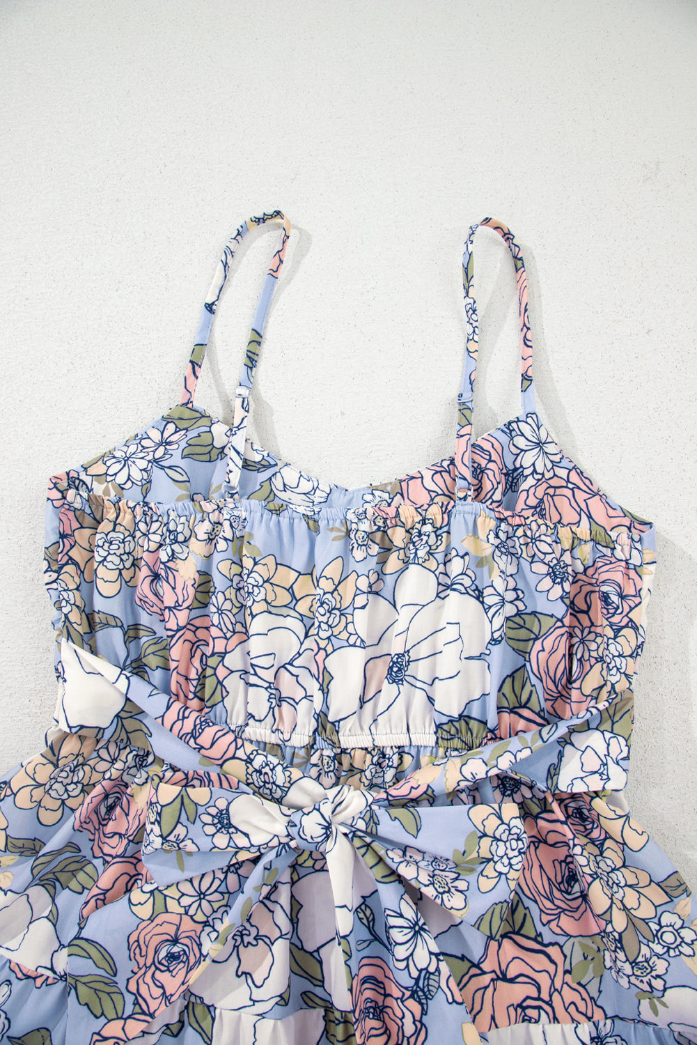Sky Blue Floral Tiered Patchwork Spaghetti Strap Dress eAura