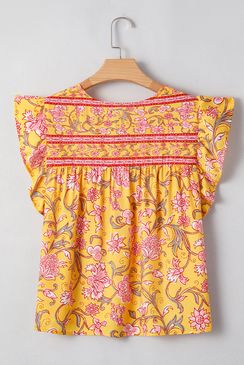 Yellow Floral Notched Neck Ruffled Sleeve Casual Blouse eAura