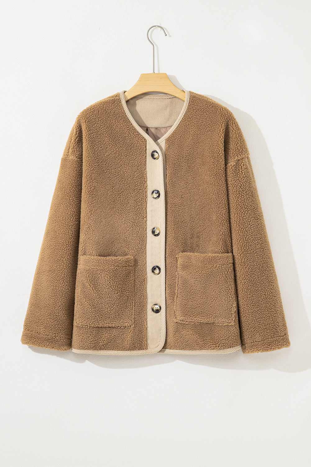 Plush Corduroy Edge Patchwork Jacket with Big Pockets - Outerwear/Jackets