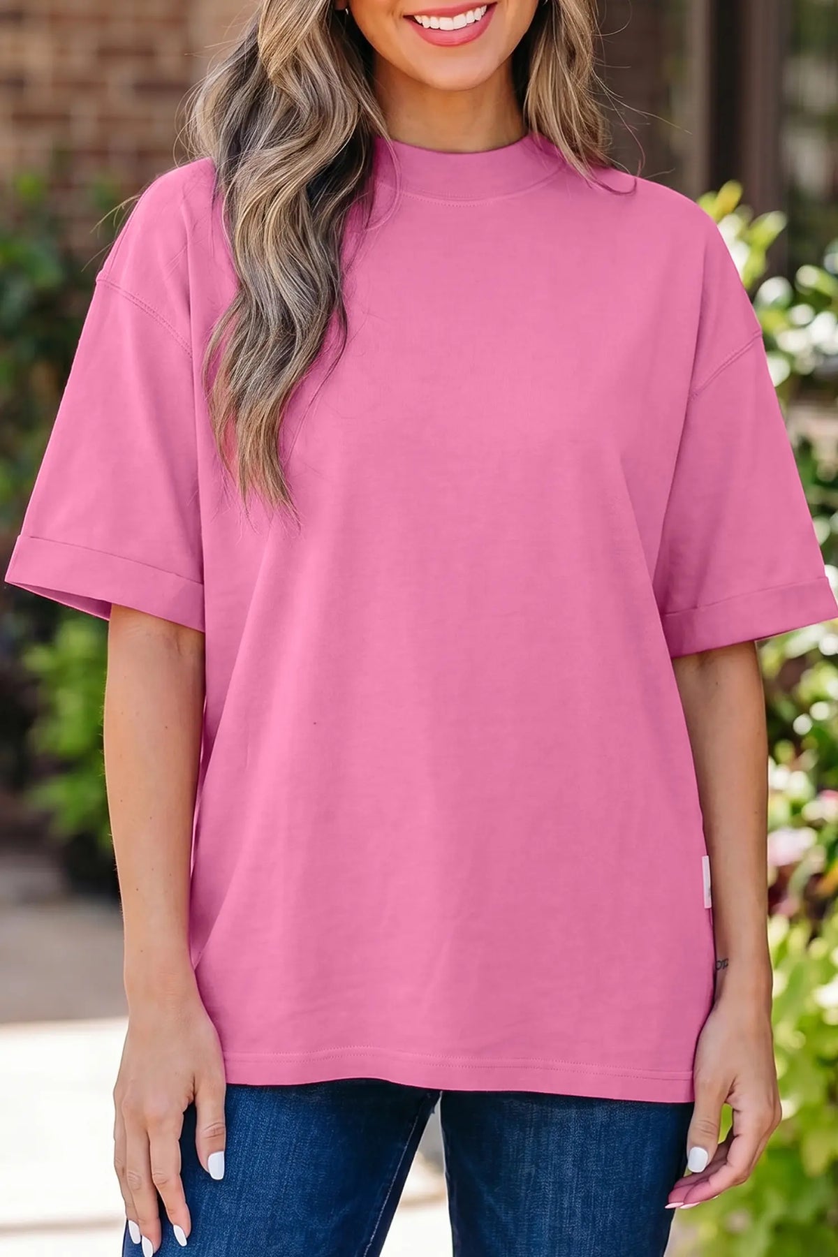 Solid Colour High Neck Oversize Tee – Wisteria