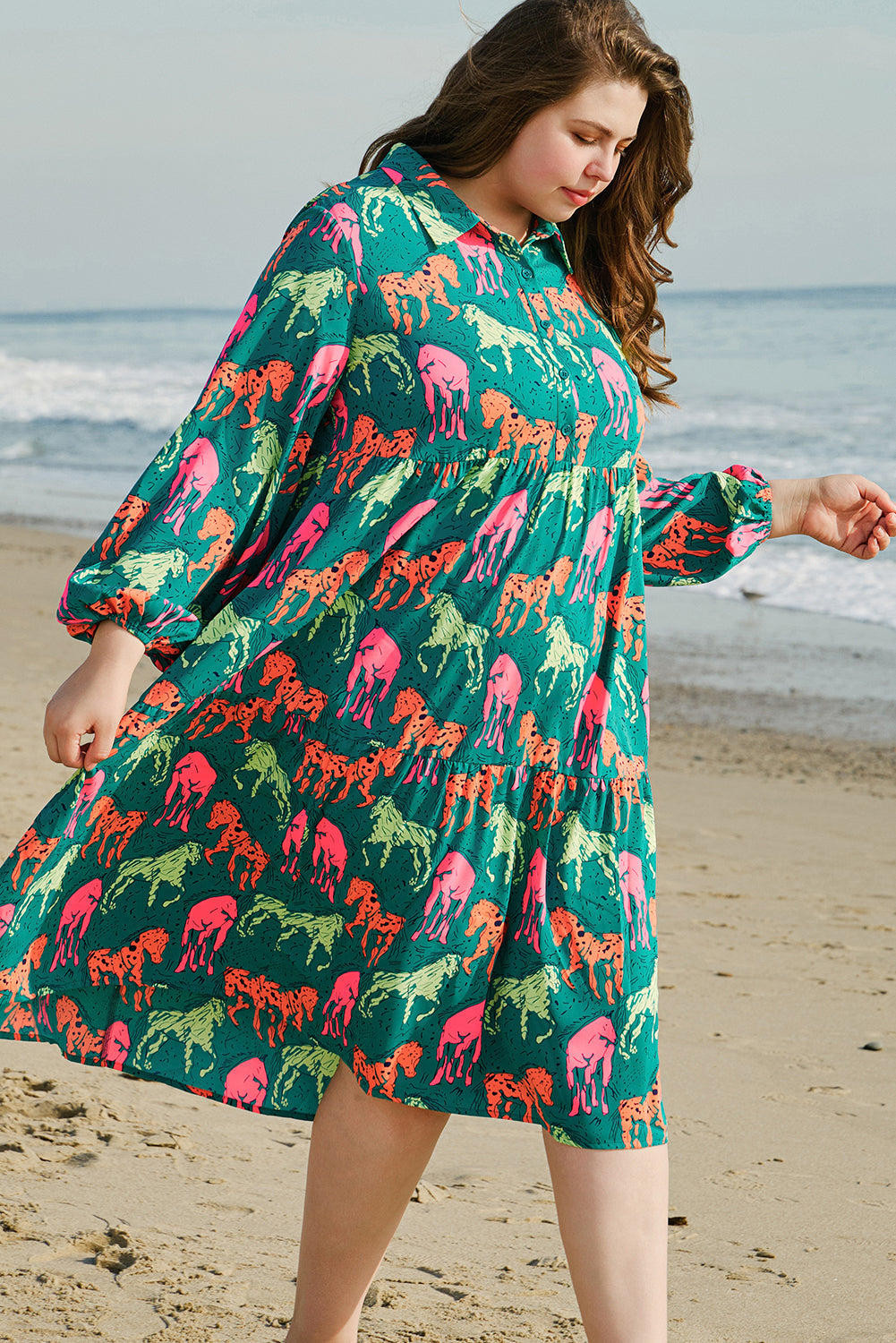 Green Horse Printed Long Sleeve Collared Buttoned Plus Size Midi Dress BB Fashion Outlet