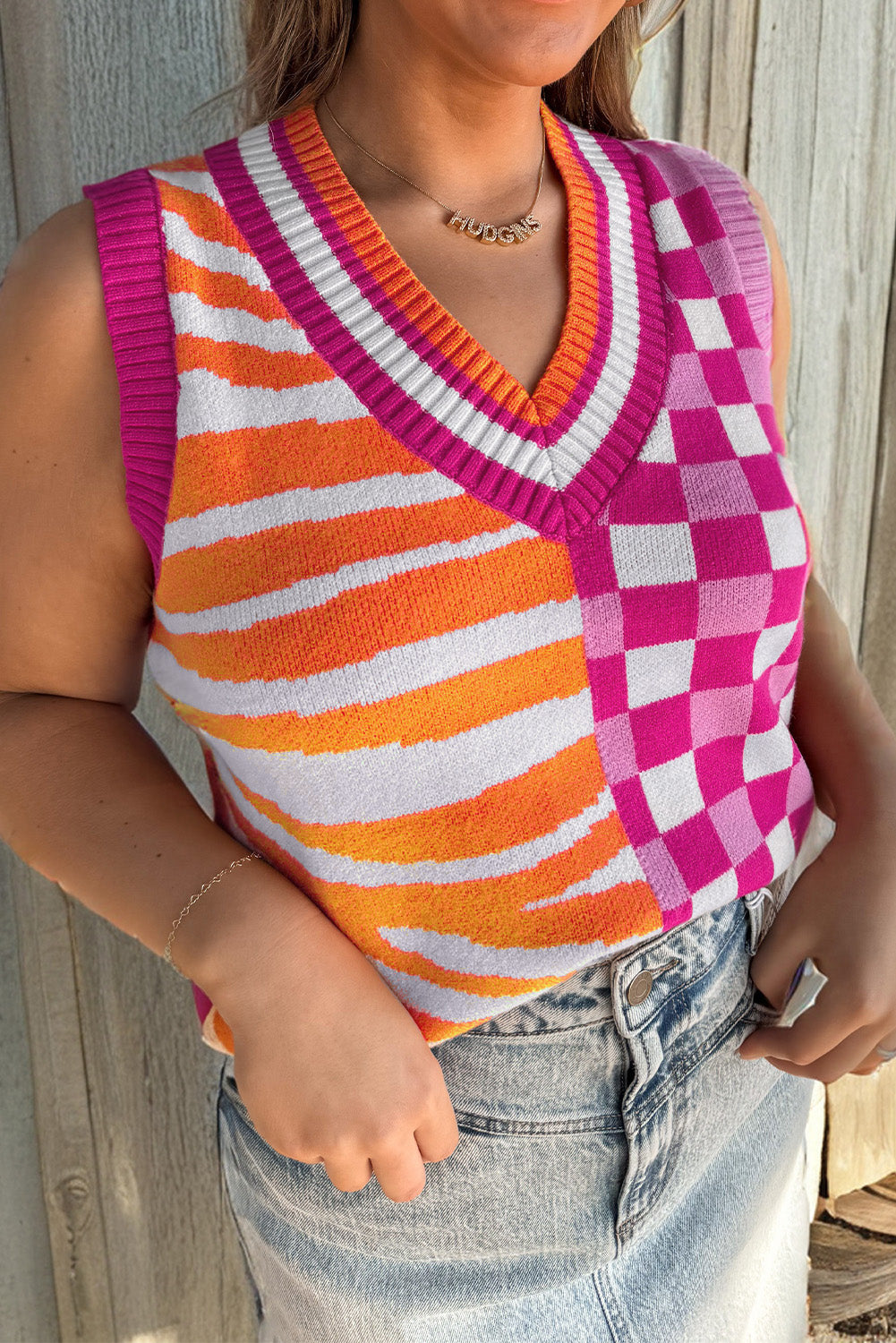 Striped Checkered Contrast Patchwork V-Neck Sweater Vest