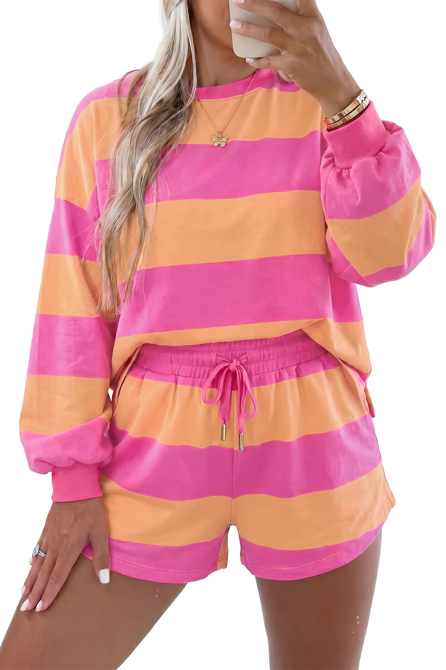 Long Sleeve Casual Top Drawstring Shorts 2pcs Set – Pink Stripe