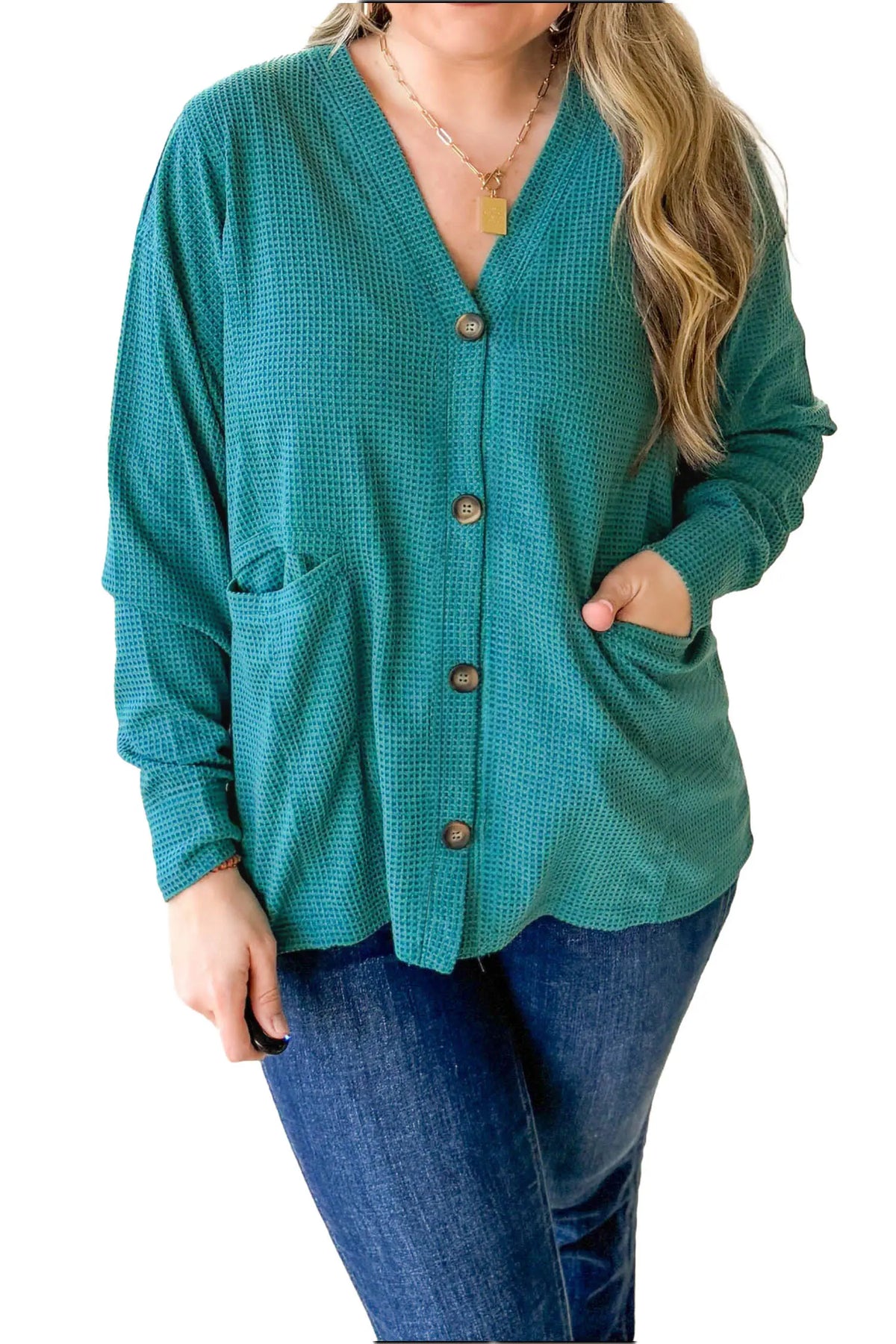 V Neck Waffle Textured Button Front Tunic Long Sleeve Plus Size Cardigan – Lapis
