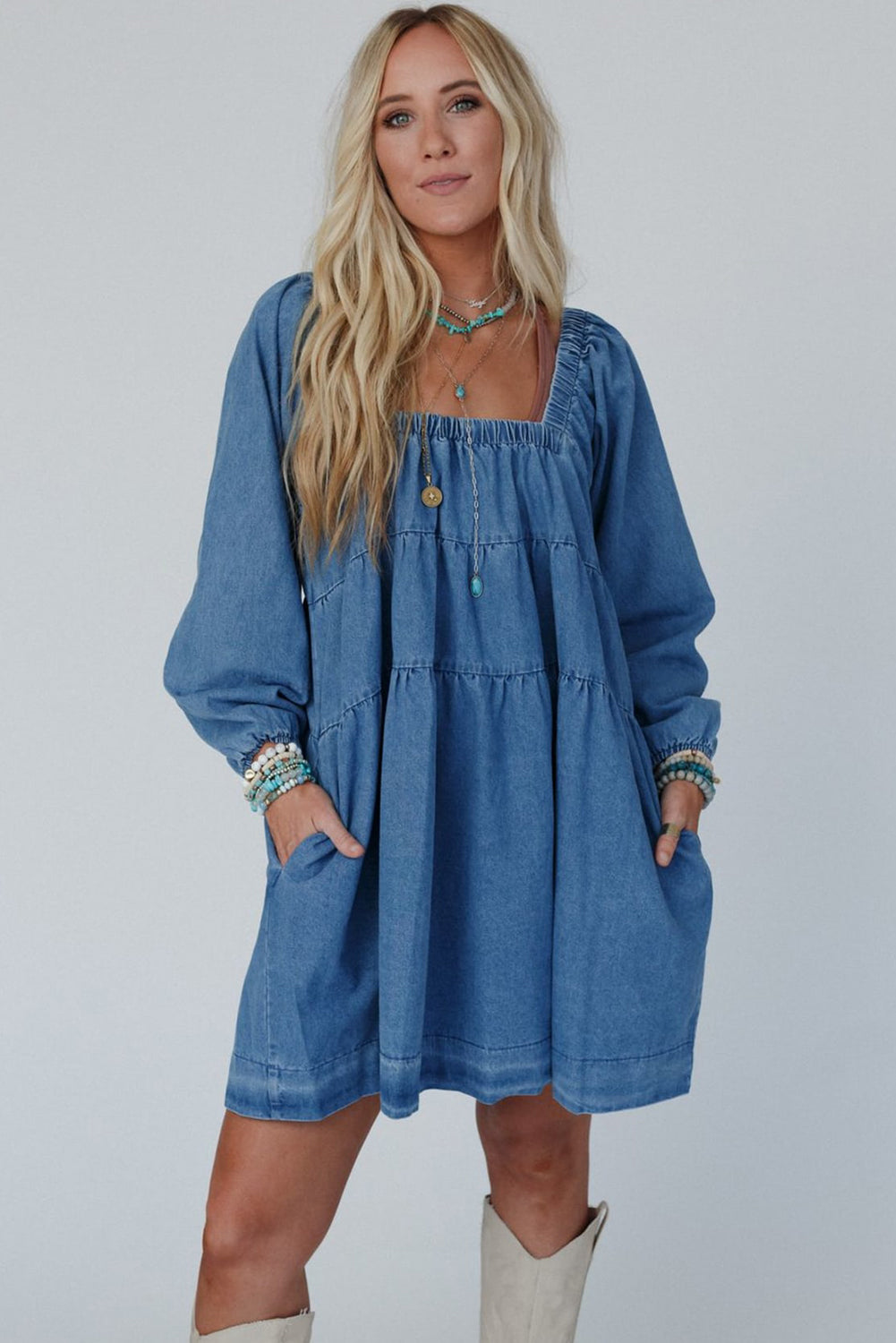 Dusk Blue Square Neck Side Pockets Loose Fit Denim Mini Dress Beagle Boutique Fashion Outlet