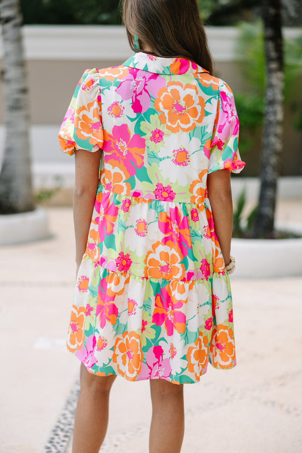 Green Floral Puff Sleeve Collar Buttoned Babydoll Dress eAura