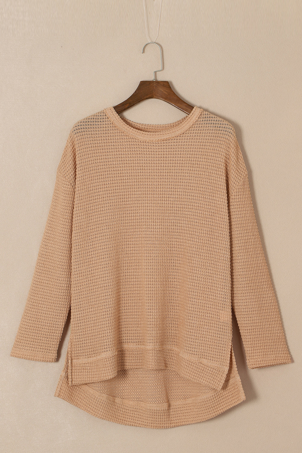 Khaki Waffle Knit High Slits Oversized Top - eAura