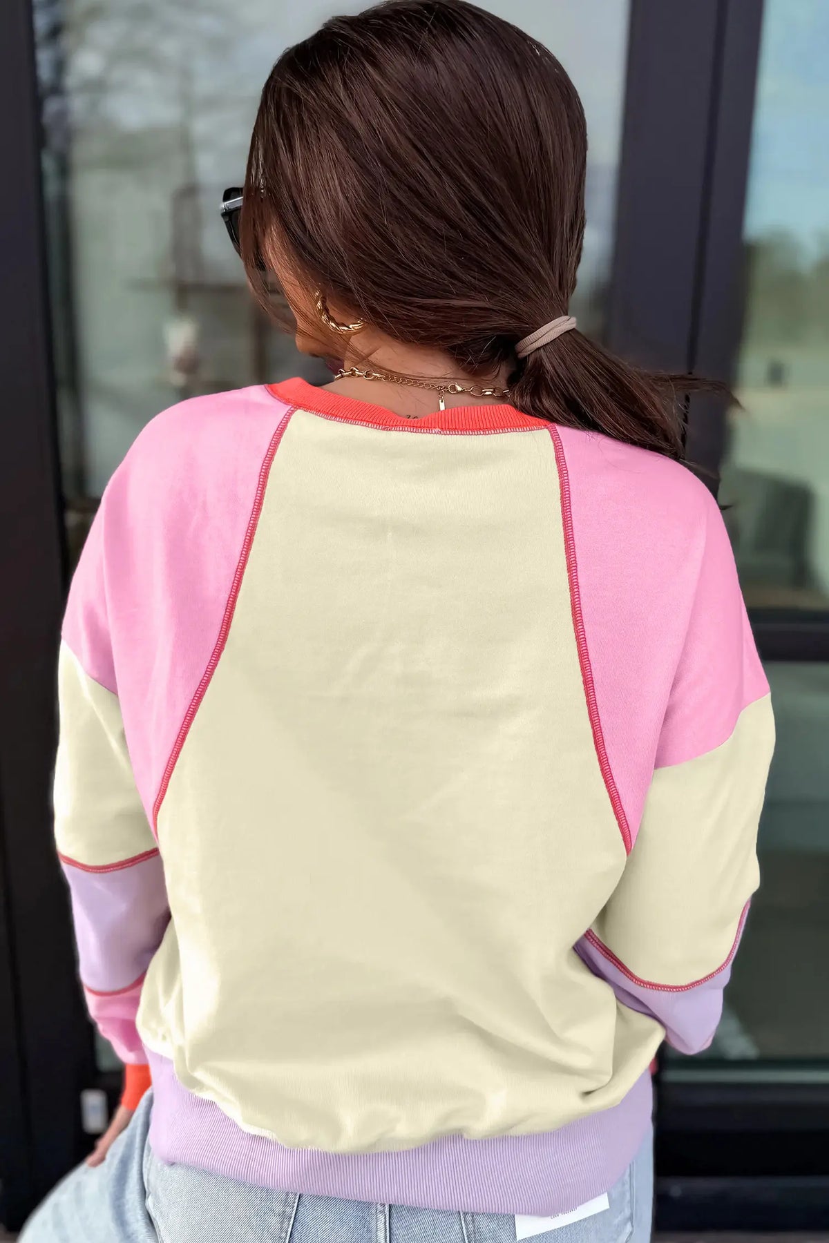 Exposed Seam Colourblock Patchwork Pullover Long Sleeve Top – Multicolour