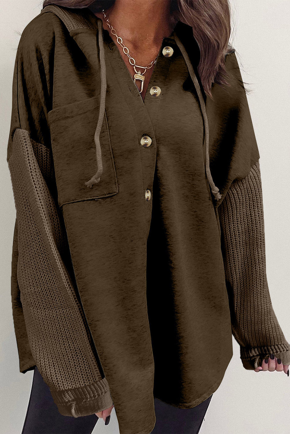 Grey Button Up Contrast Knitted Sleeves Hooded Jacket Beagle Boutique Fashion Outlet
