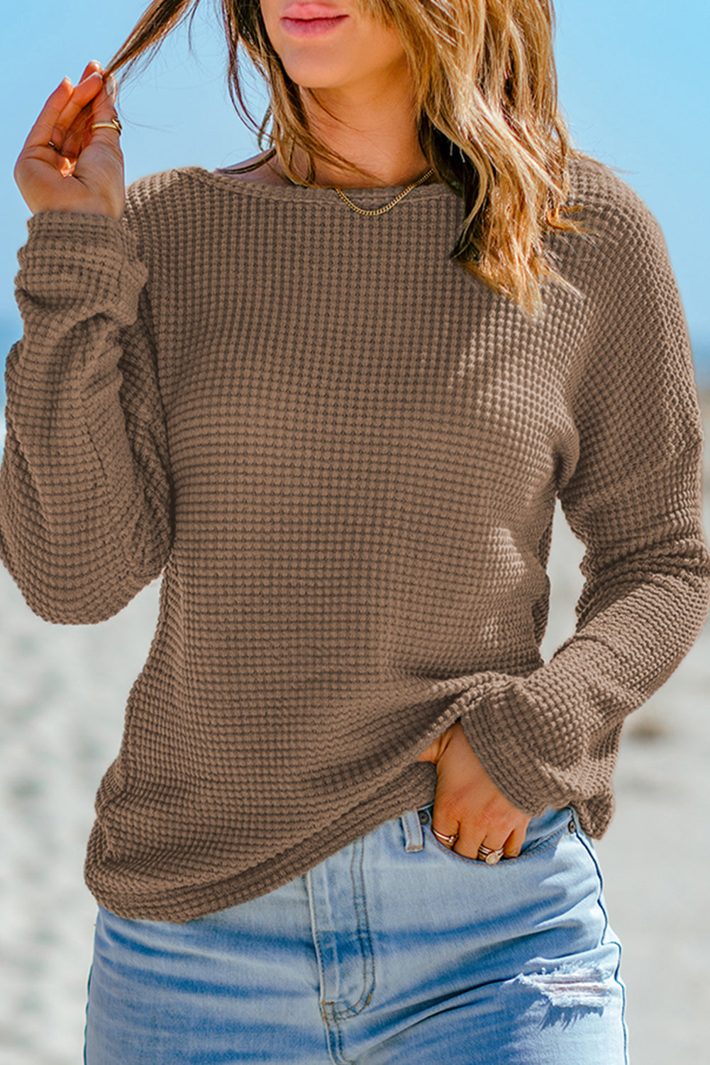 Fiery Red Waffle Knit Drop Shoulder Long Sleeve Top eAura