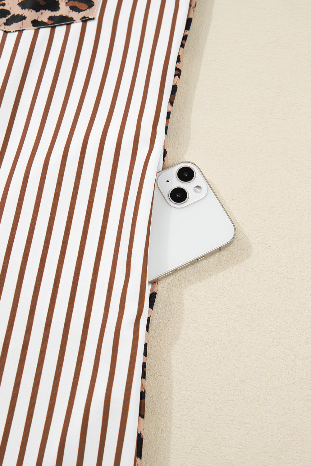 Stripe Contrast Leopard Patchwork Long Shirt Dress with Slits - eAura