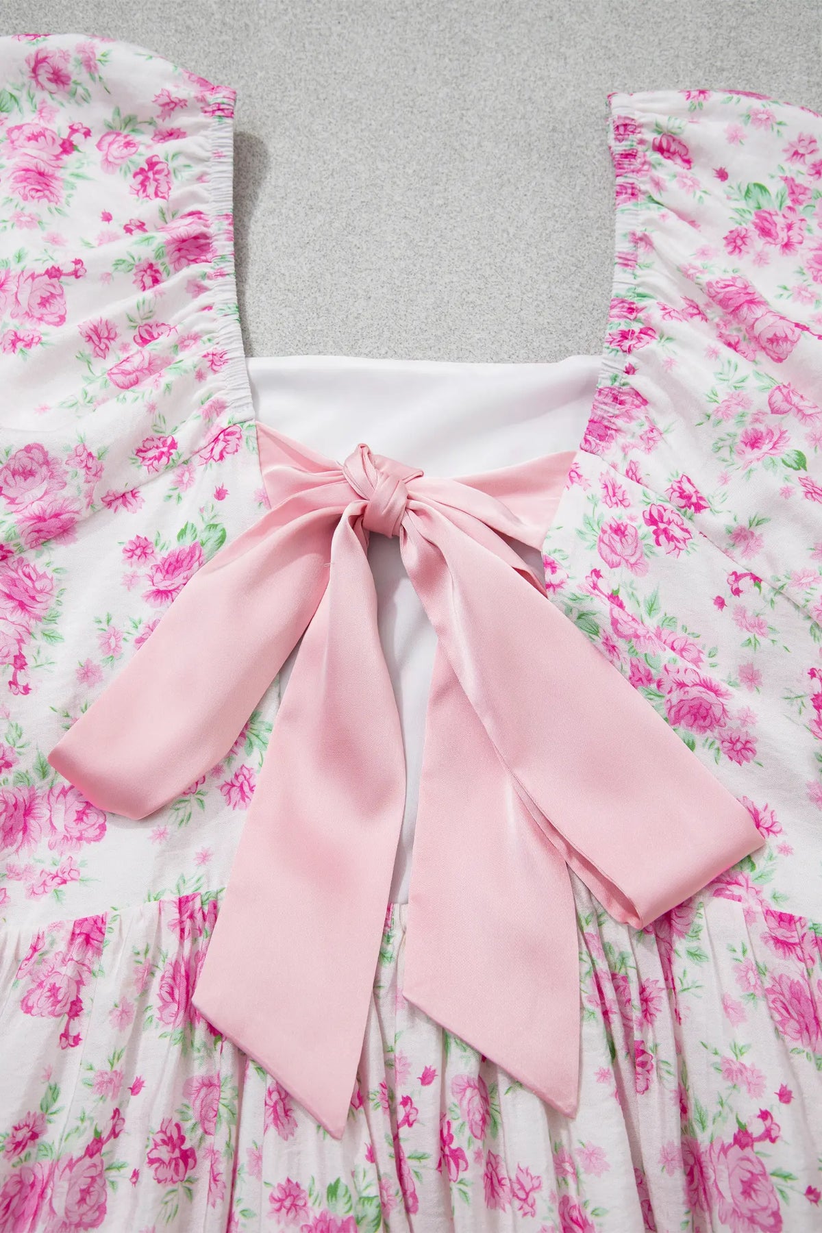 Floral Print Square Neck Ribbon Knot Back Cute Mini Dress – Pink