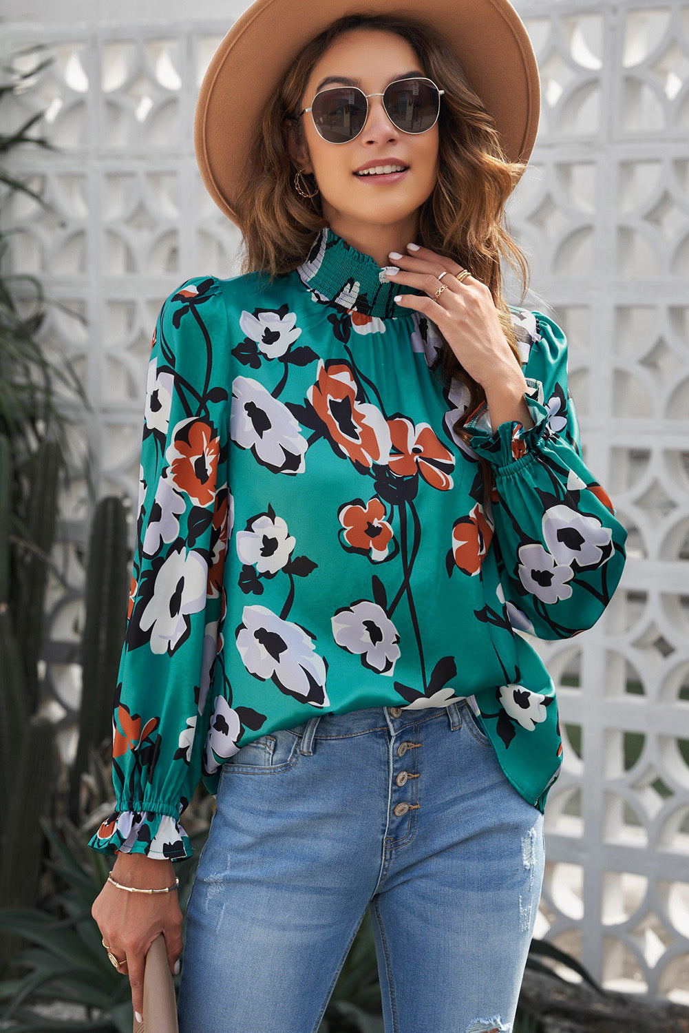 Floral Print Smocked Mock Neck Blouse eAura