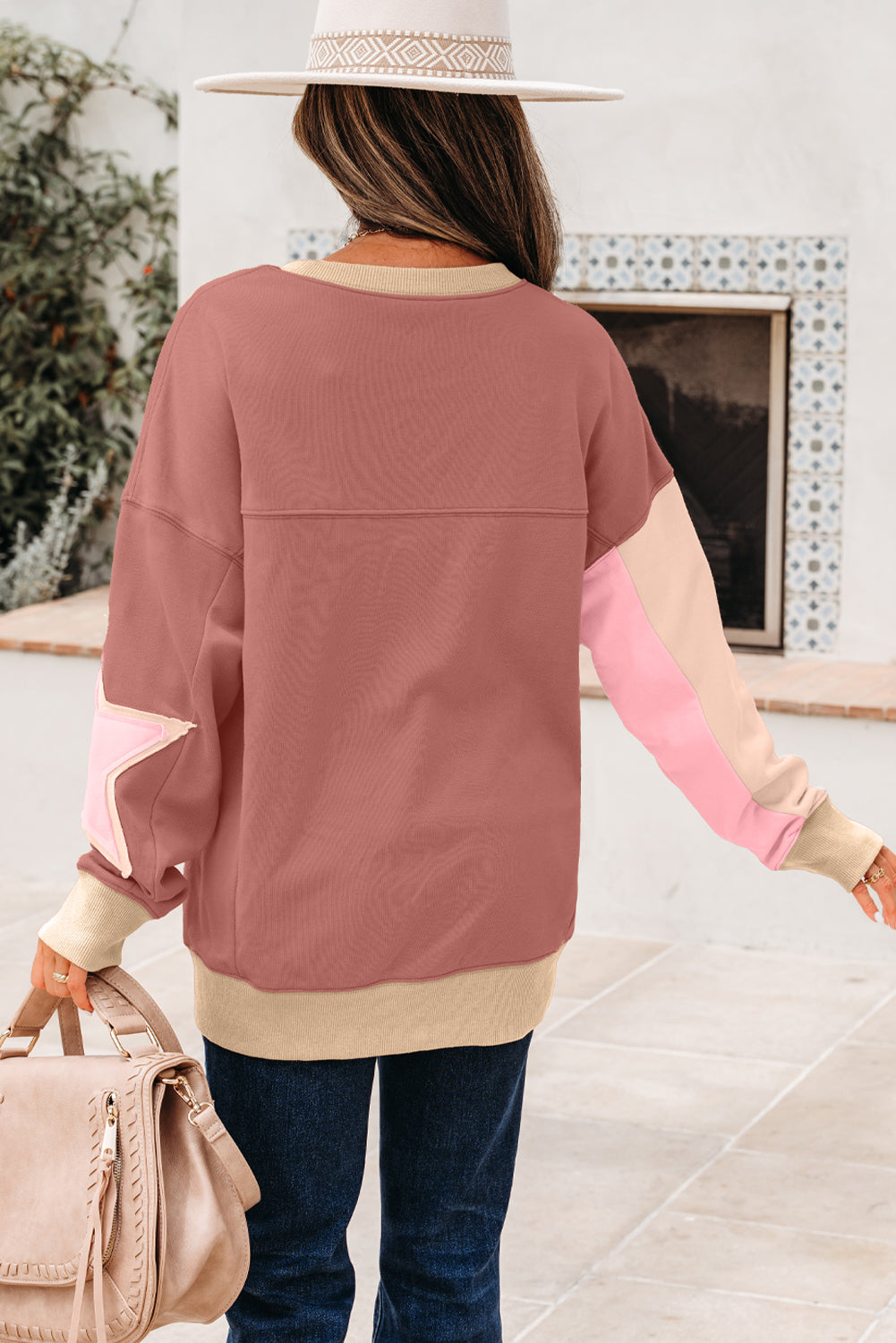 Contrast Star Patchwork Exposed Seam Uneven Hem Drop Shoulder Sweatshirt - eAura