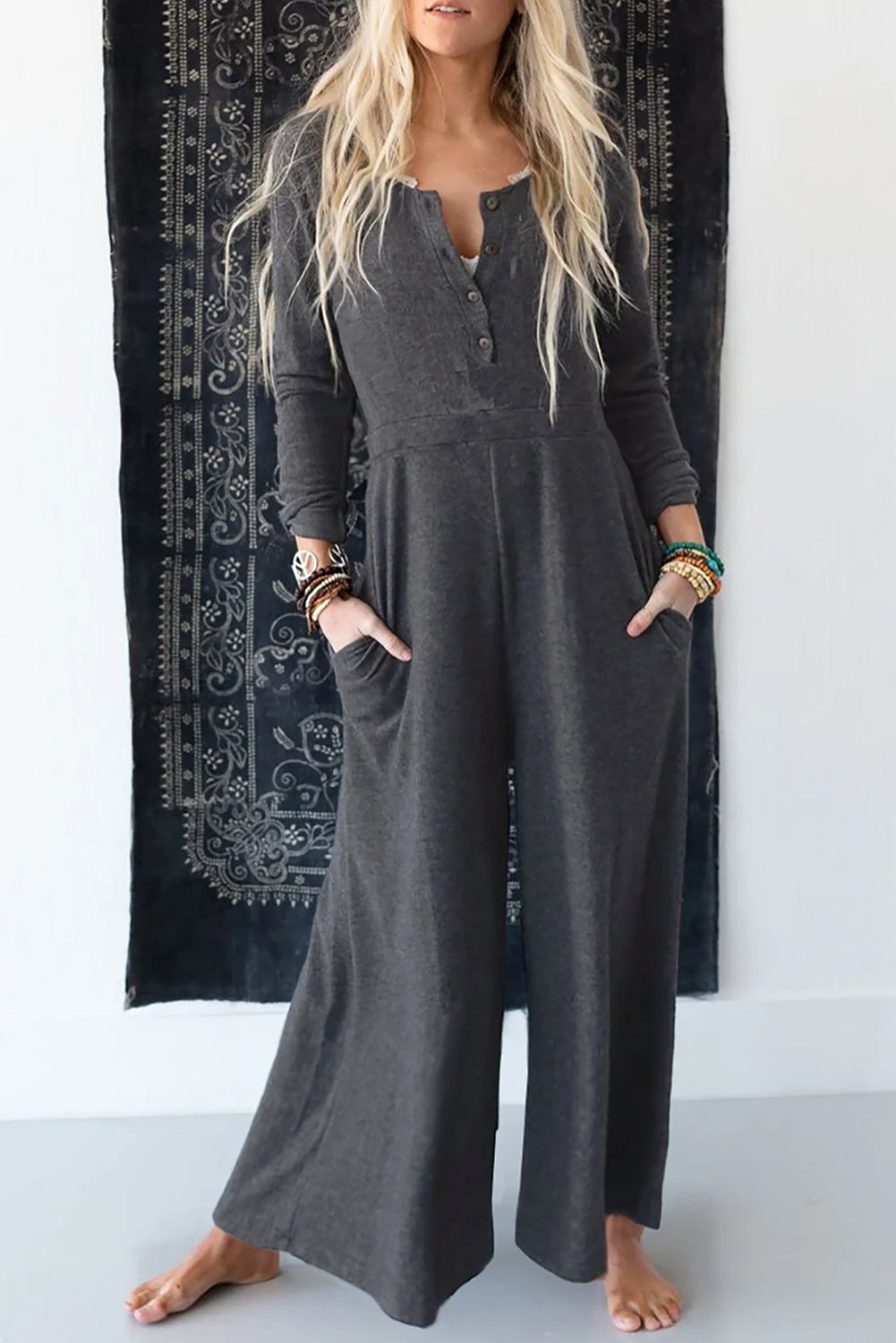 Grey Button Long Sleeve Wide Leg Jumpsuit eAura
