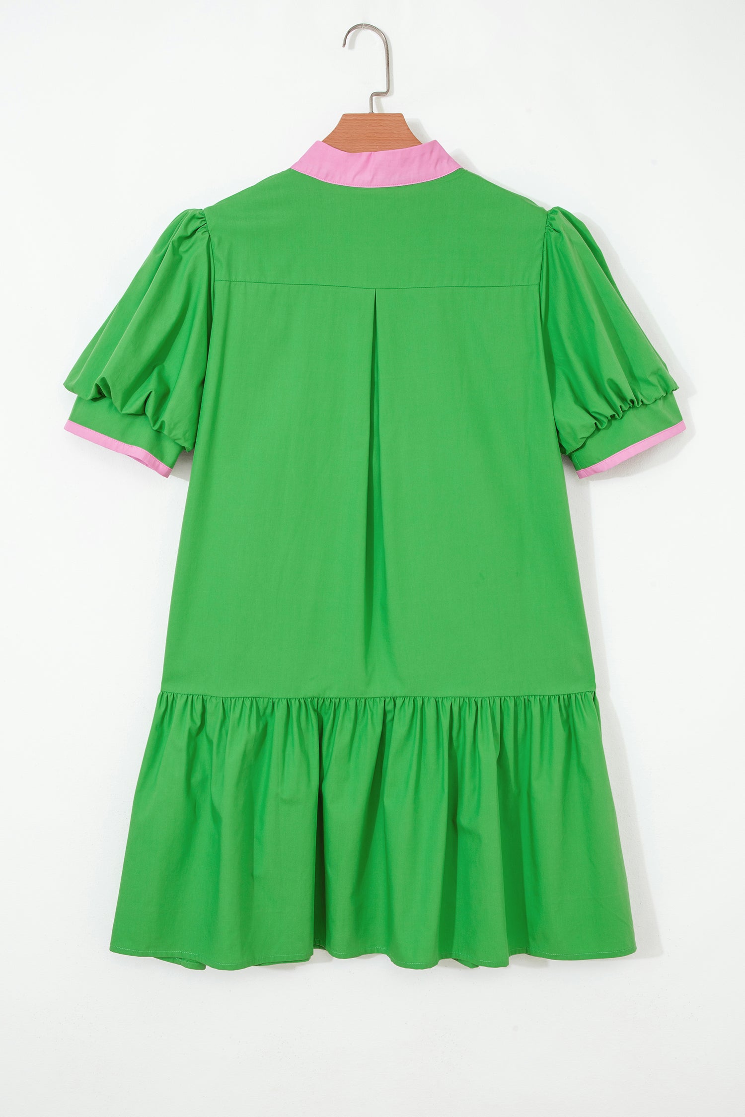 Colour Block Split Neck Puff Sleeve Ruffle Hem Mini Dress
