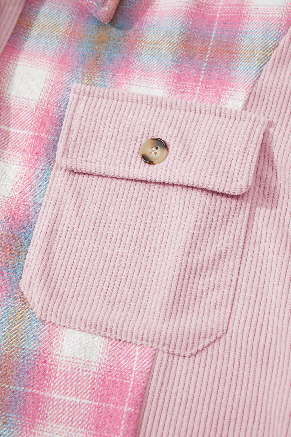 Pink Brushed Plaid Ribbed Flap Pockets Patchwork Shacket eAura