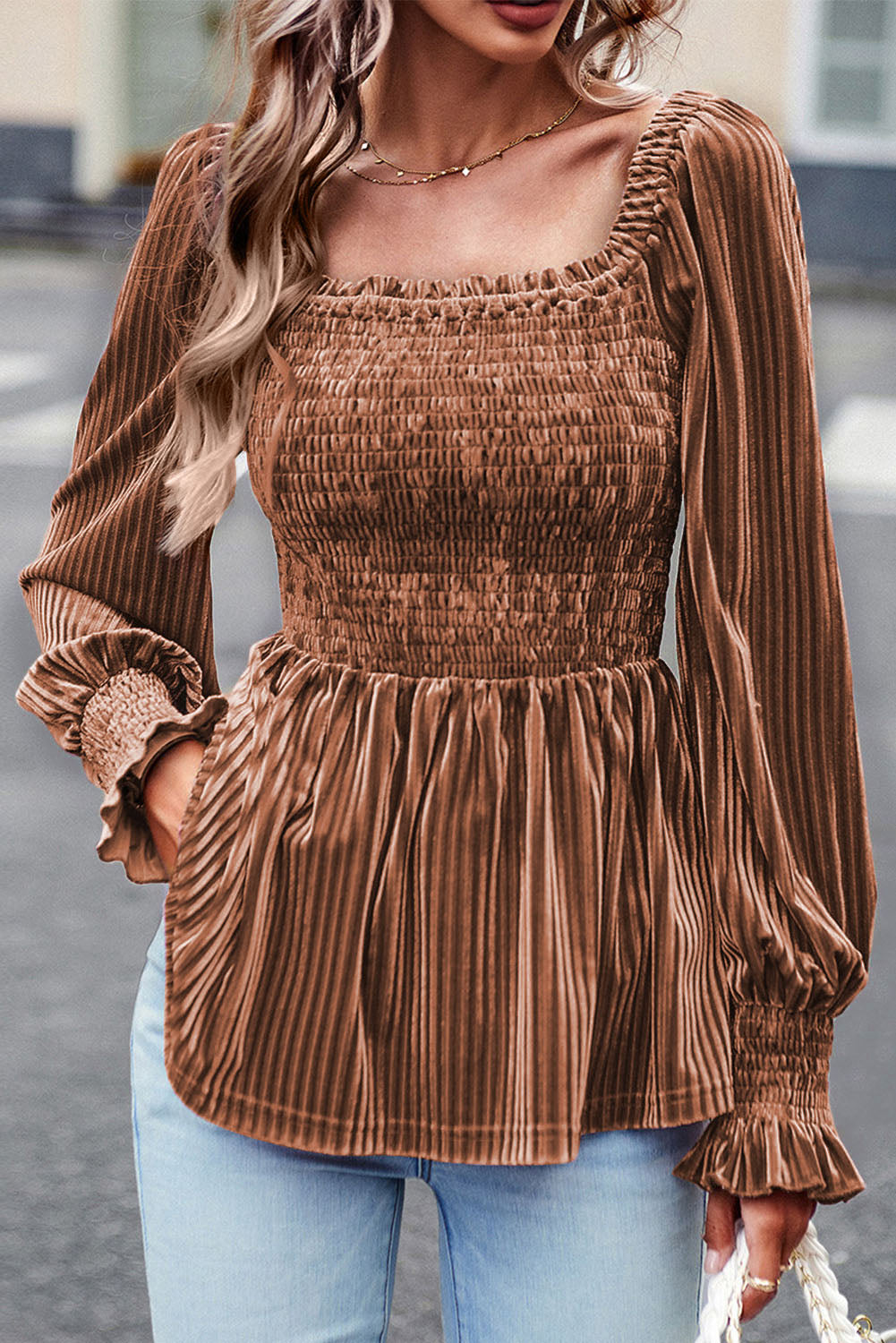 Chestnut Smocked Ribbed Velvet Babydoll Top eAura
