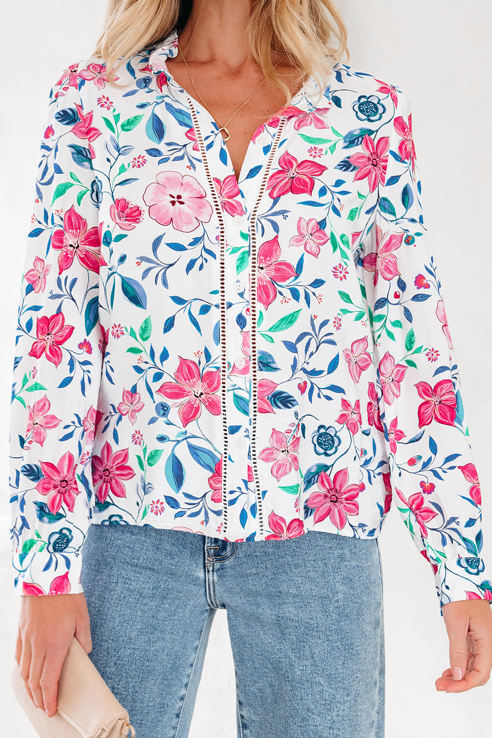Pink Floral Print Lace Detail Button-up Long Sleeve Shirt - eAura