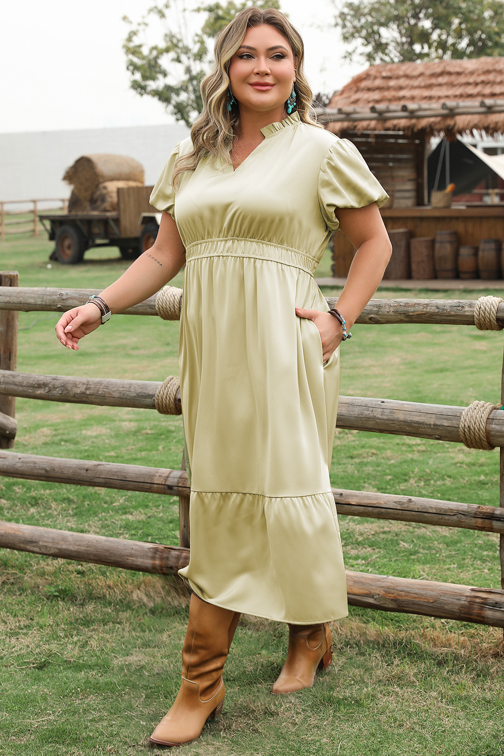 Laurel Green Notched V Neck Puff Sleeve Tiered Plus Size Maxi Dress BB Fashion Outlet