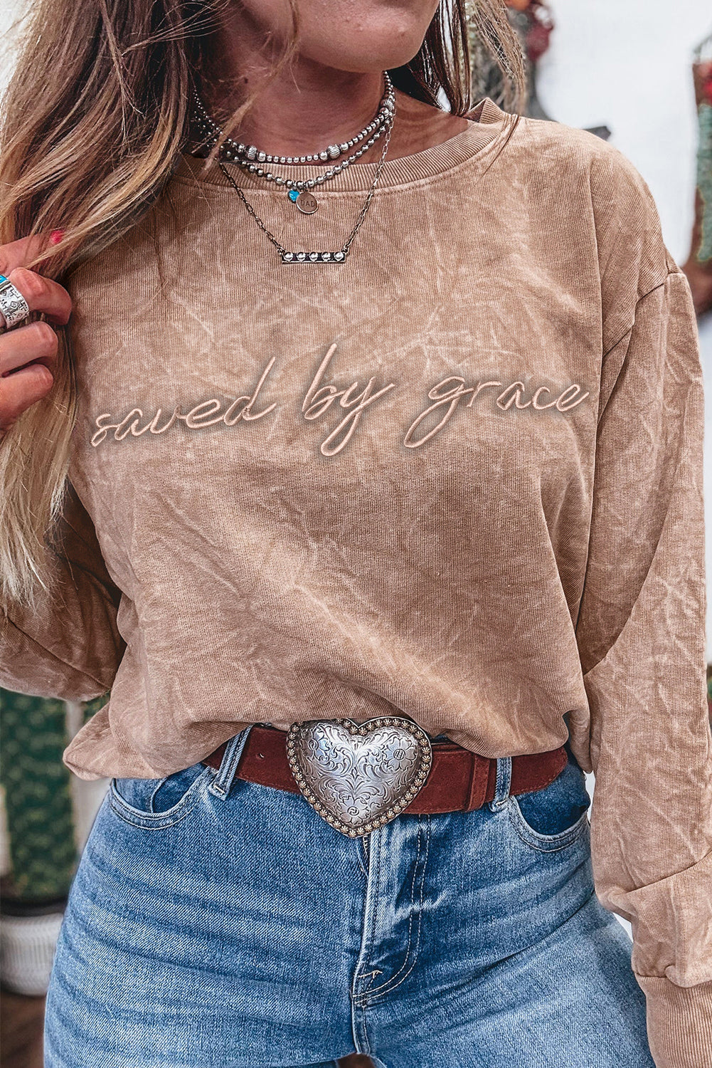 'Saved By Grace' Embroidered Mineral Wash Sweatshirt