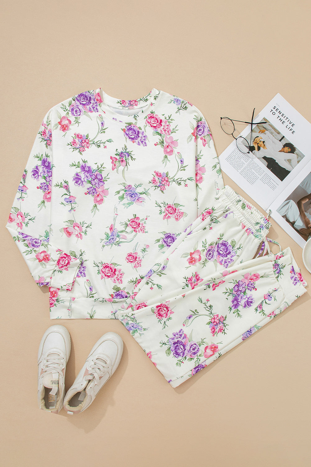 Floral Print Pullover Drawstring Lounge Pants Set - eAura