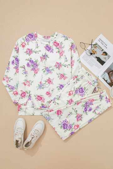 Floral Print Pullover Drawstring Lounge Pants Set - eAura