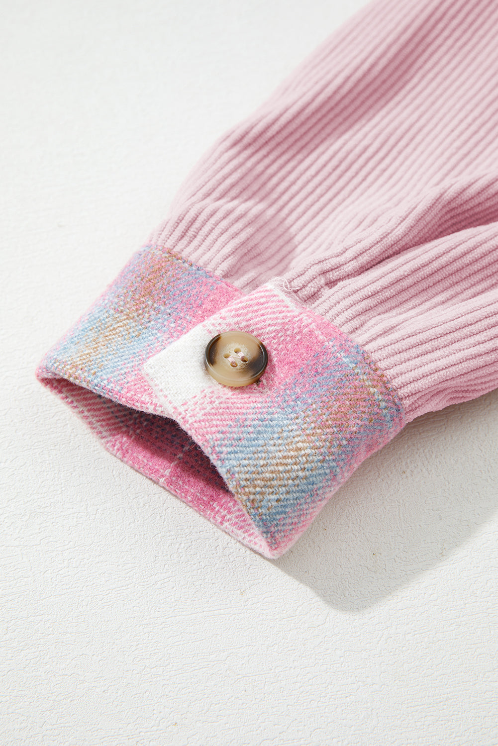 Pink Brushed Plaid Ribbed Flap Pockets Patchwork Shacket eAura