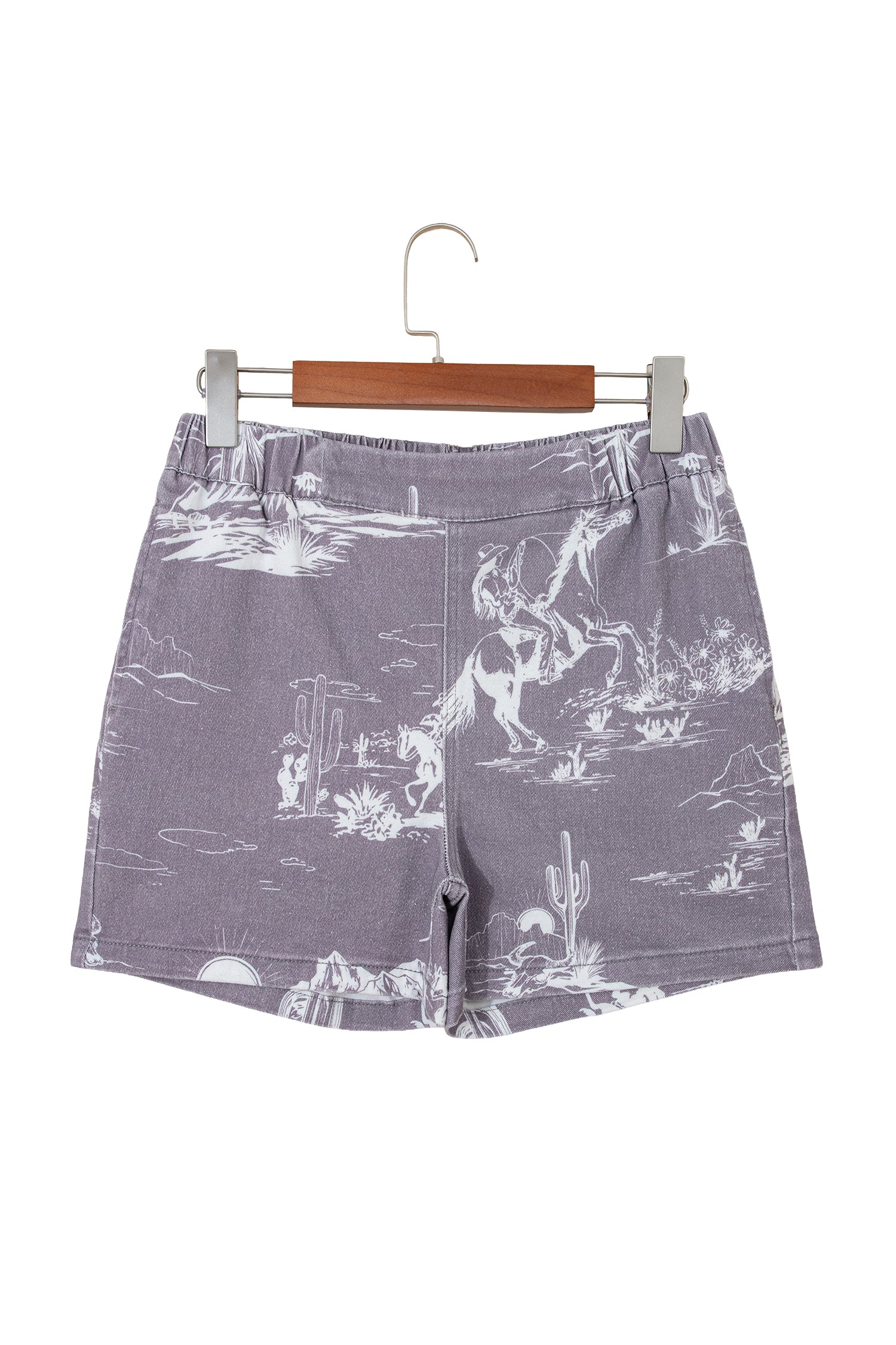 Western Print Elastic Waist Cotton Denim Shorts