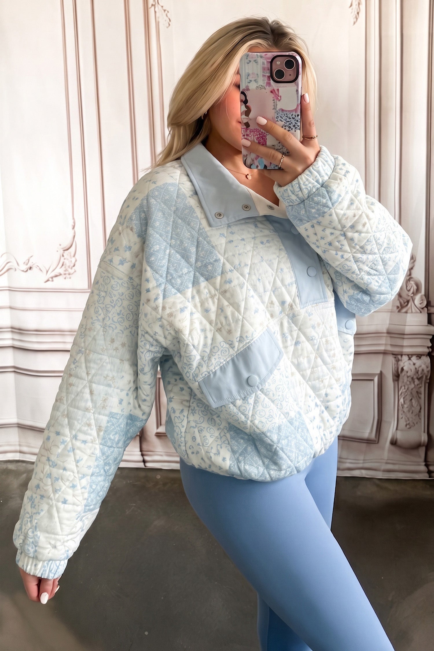 Floral Quilted Half Button Pocketed Pullover Sweatshirt – Multicolour