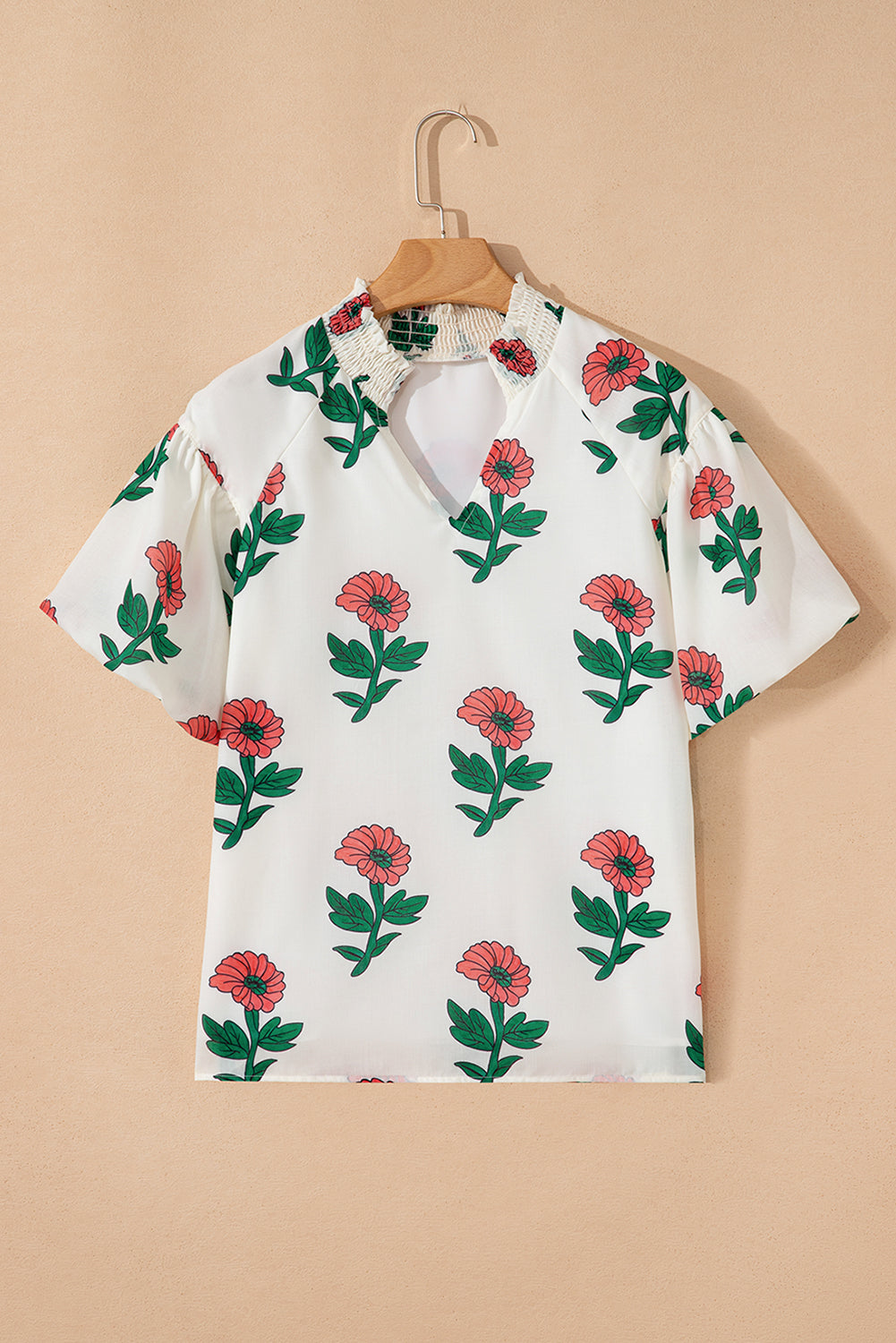 Beige Floral Print Shirred Split Neck Short Sleeve Blouse eAura