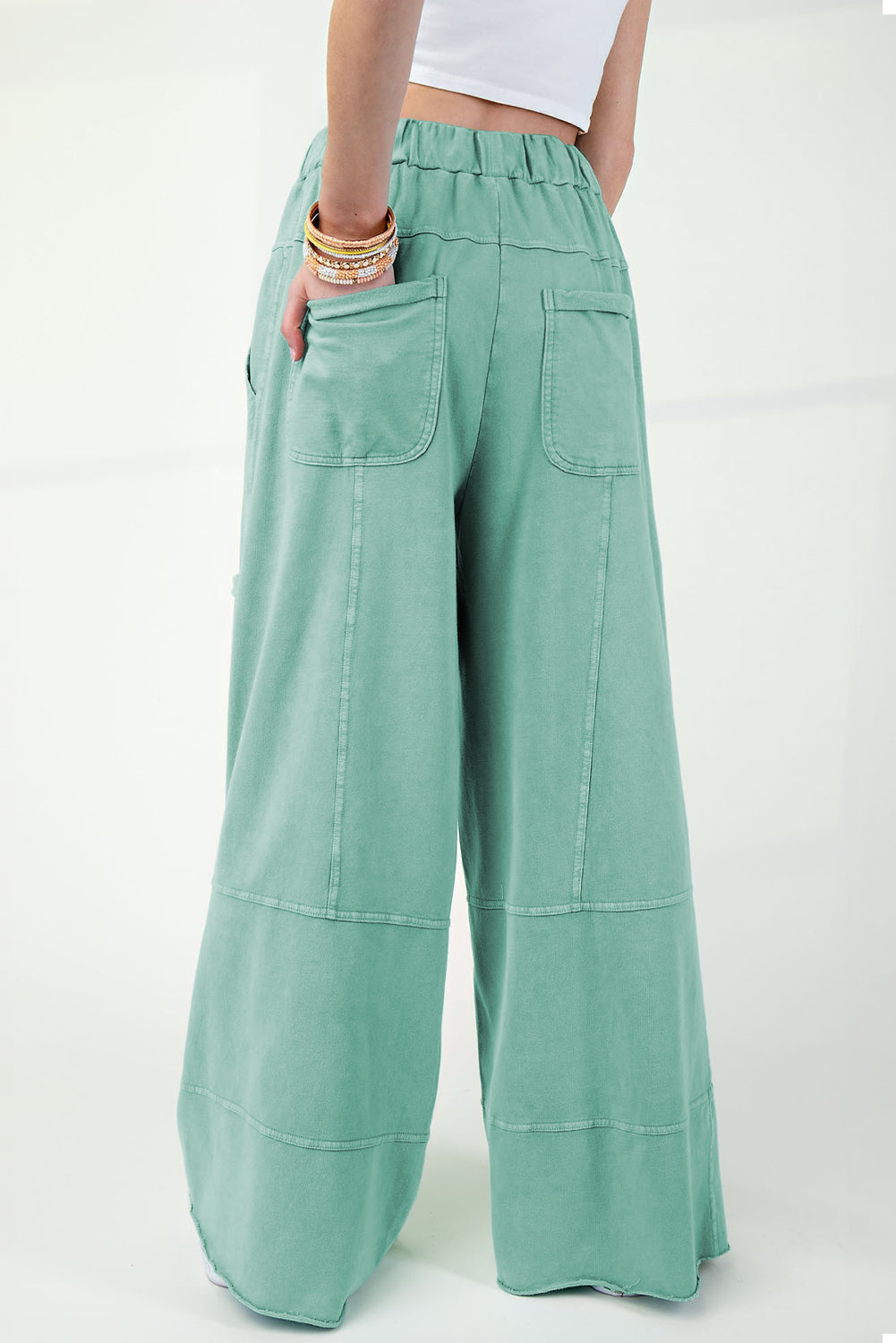 Mineral Wash Exposed Seam Drawstring High Waist Wide Leg Cargo Trousers eAura