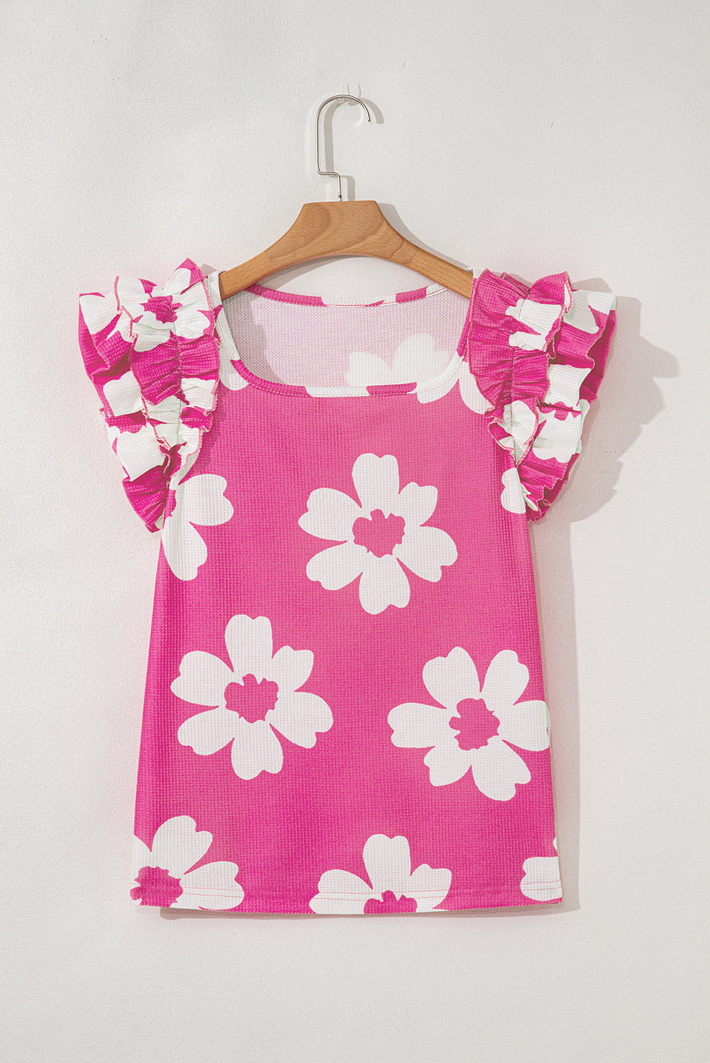 Floral Textured Ruffled Short Sleeve Square Neck Blouse eAura
